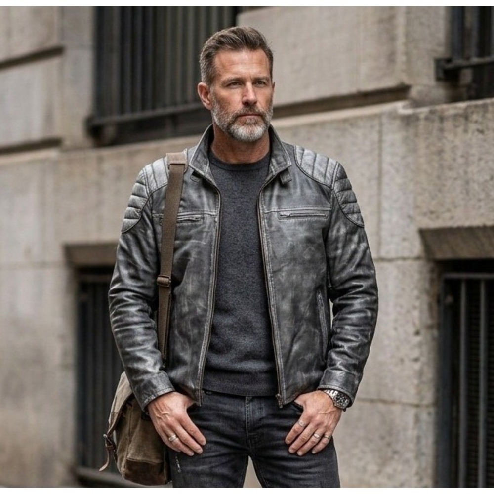 Real Leather Cafe Racer Jacket Mens XS Gray Distressed Padded Moto Biker Grunge